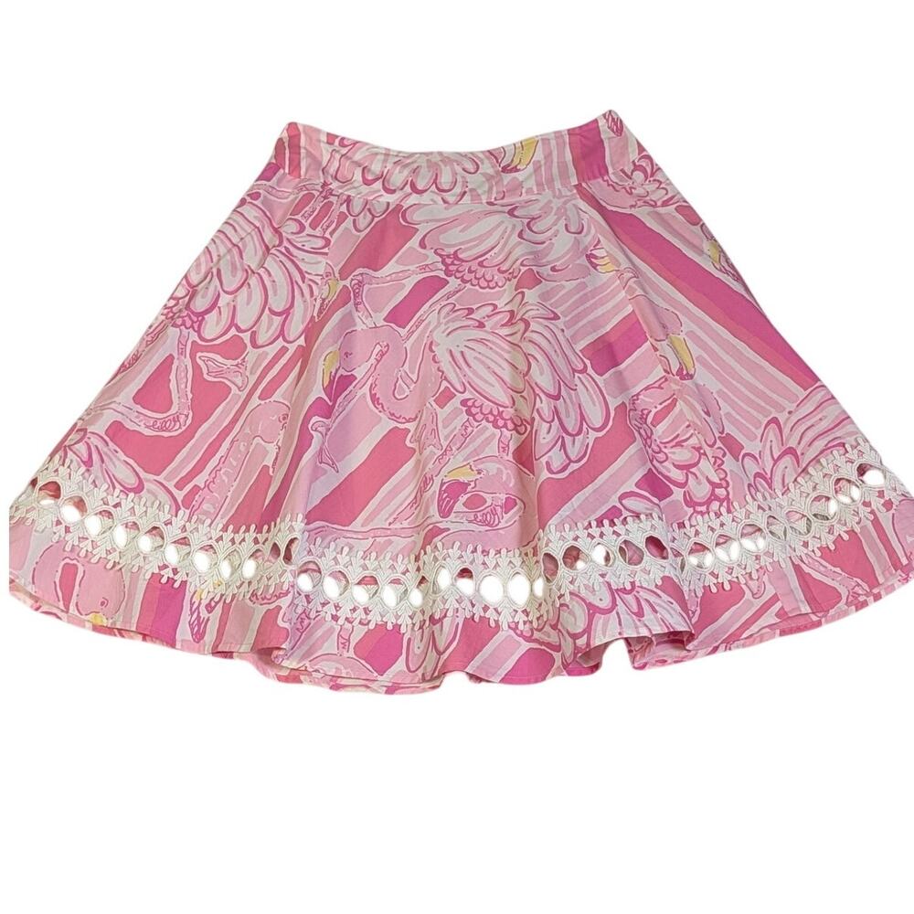 Lilly Pulitzer Pink Flamingo Print Lace Trim A Line Skirt Size 4
